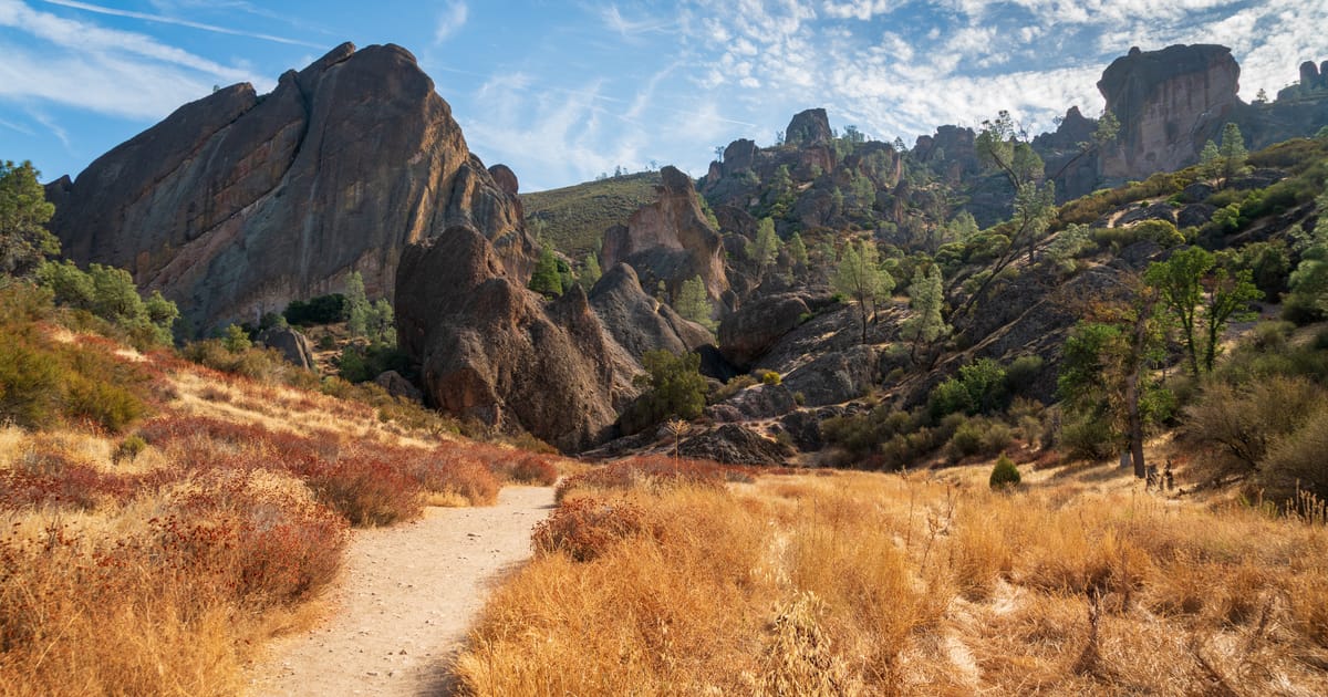 A winding dirt trail leads through golden dry grasslands toward dramatic volcanic rock formations and pinnacles at Pinnacles National Park, bathed in warm afternoon sunlight with a partly cloudy blue sky overhead.