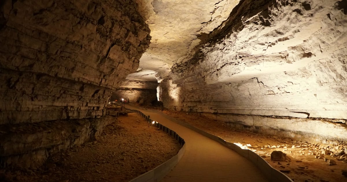 A dramatic interior passage of Mammoth Cave National Park, featuring a wide paved walking path winding through a massive limestone cavern with layered sedimentary walls. Warm artificial lighting illuminates the pale grey-white rock surfaces and…