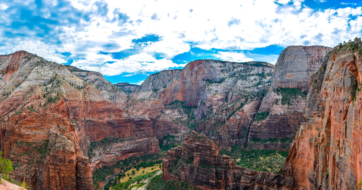 A sweeping panorama of Zion Canyon in summer, with red sandstone cliffs rising on both sides above a forested canyon floor under a clear blue sky, looking along the approach to the Angels Landing trail.