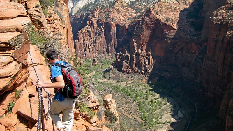 Aerial view of the Angels Landing switchback trail carved into red sandstone cliffs above Zion Canyon