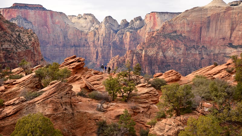 The view from Canyon Overlook across Zion Canyon, with red sandstone cliffs above a winding road