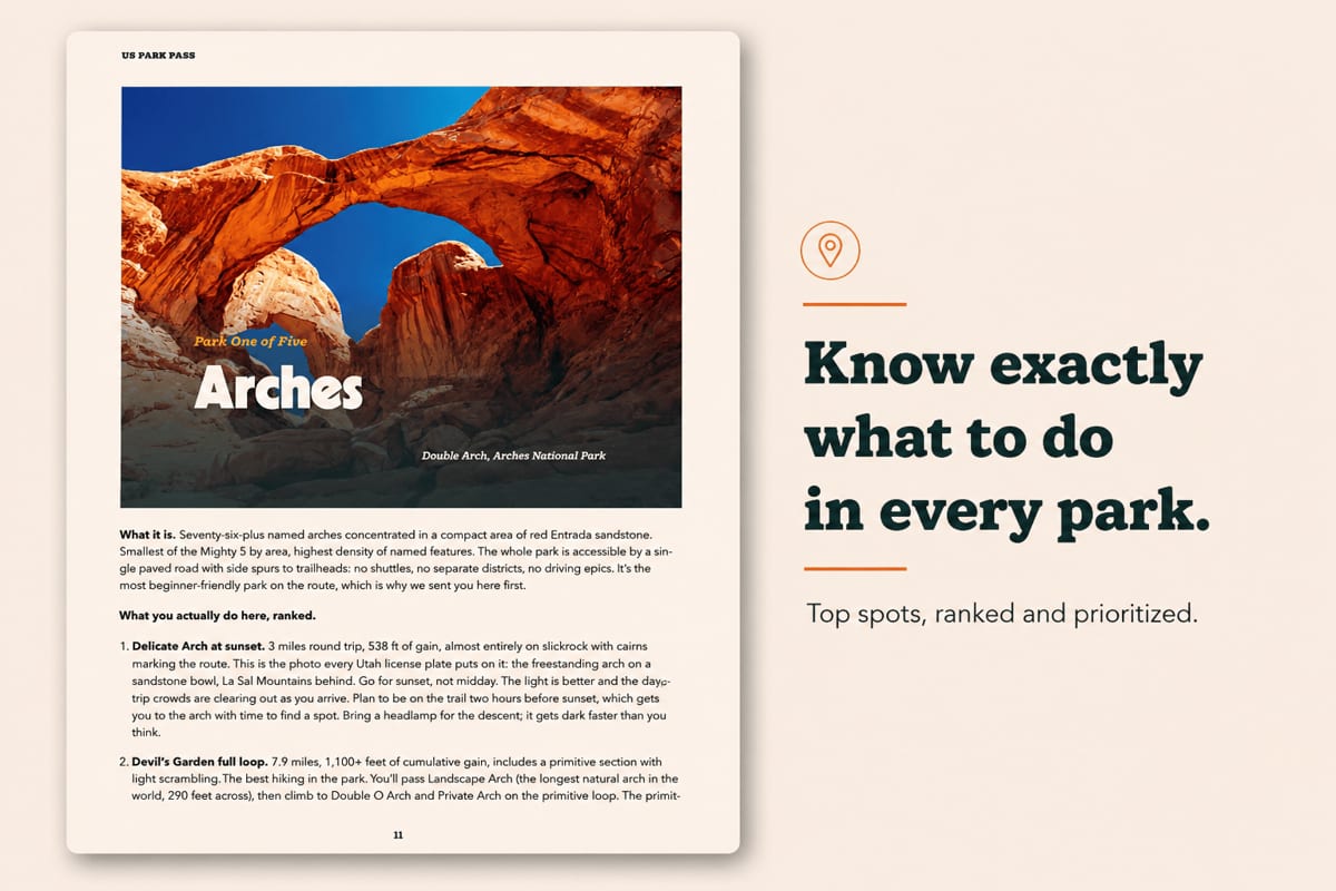 A sample page from the Mighty 5 guide ranking the top things to do in Arches