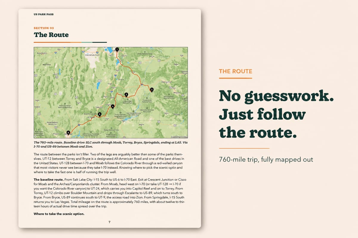 A sample page from the Mighty 5 guide showing the 760-mile route mapped across Utah