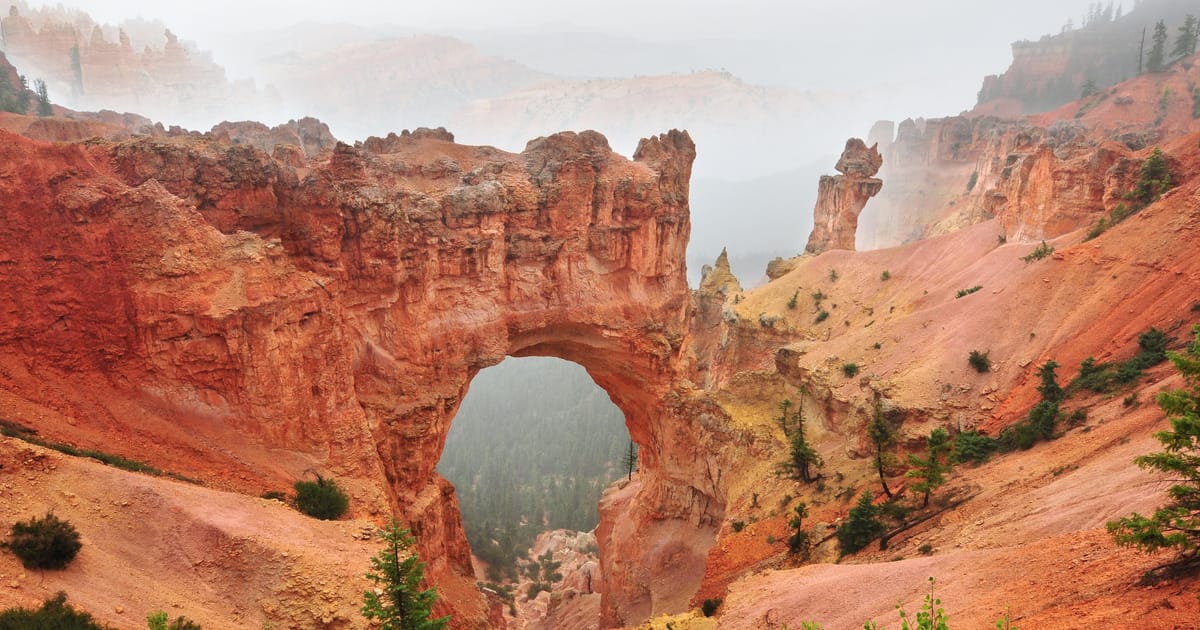 Horseback riders on a guided trail through Bryce Canyon's hoodoo formations, picking their way along a red-dirt path between spires of eroded limestone in the Bryce Amphitheater. The riders are small against the surrounding canyon walls.