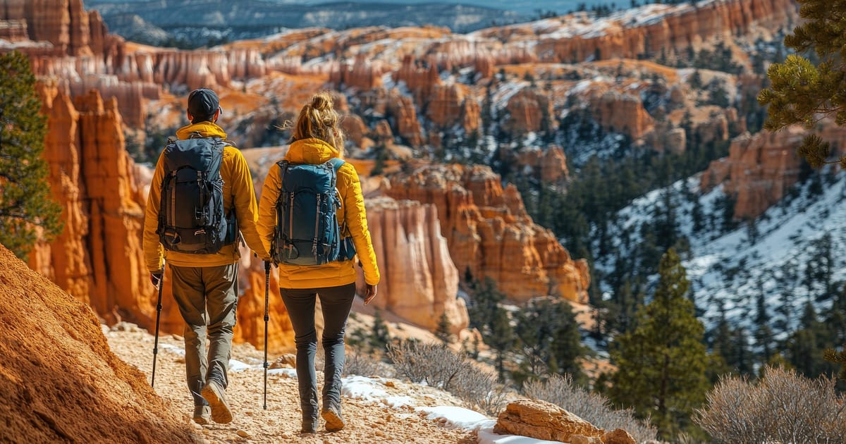 Two hikers descend the Queen's Garden Trail into Bryce Canyon's amphitheater, passing between towering orange and cream-colored hoodoo spires. The narrow dirt path winds through a forest of eroded limestone pillars under a bright midday sky.