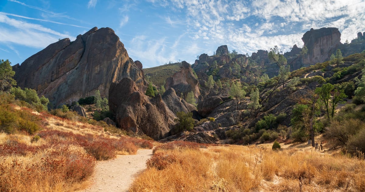 A winding dirt trail leads through golden dry grasslands toward dramatic volcanic rock formations and pinnacles at Pinnacles National Park, bathed in warm afternoon sunlight with a partly cloudy blue sky overhead.