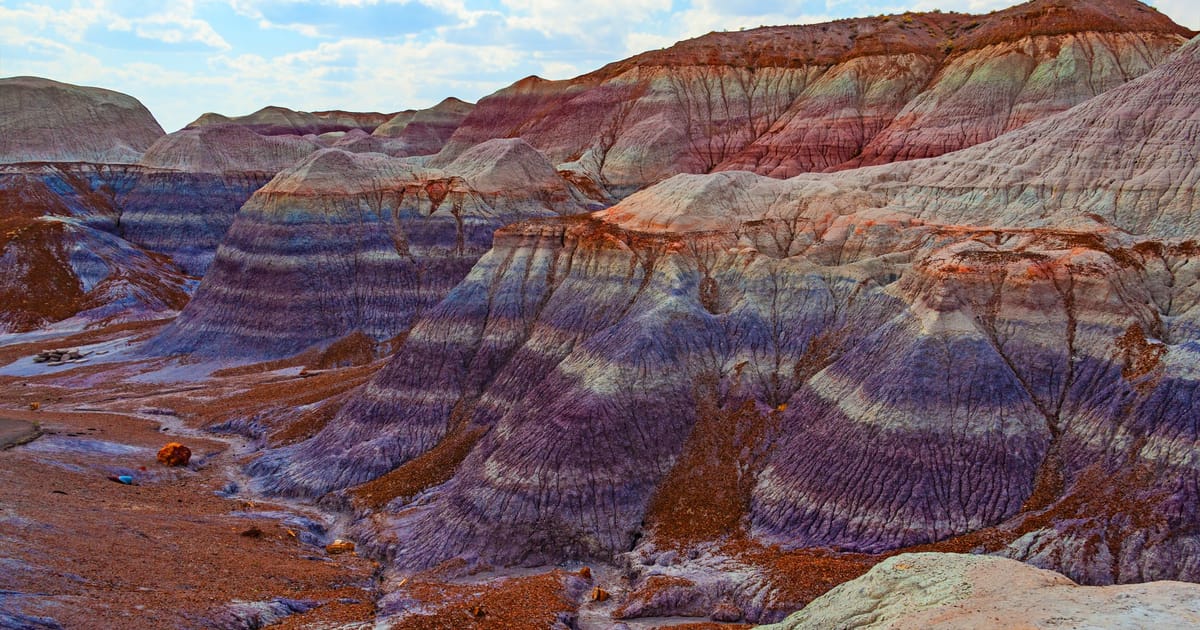 The Blue Mesa badlands of Petrified Forest National Park display dramatically layered bentonite clay hills striped in vivid purples, lavenders, reds, and grays, with scattered petrified wood logs on the valley floor. Warm late-afternoon light…
