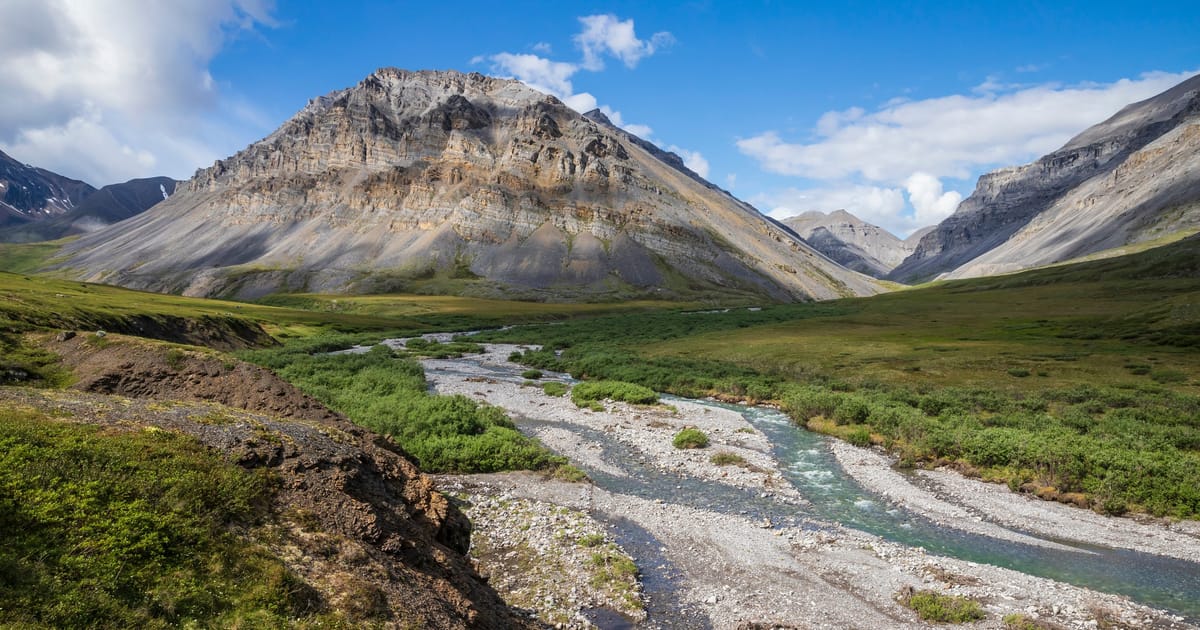 A braided glacial river winds through a broad alpine valley flanked by layered sedimentary mountains in warm summer light, evoking a sense of remote wilderness and serene grandeur.
