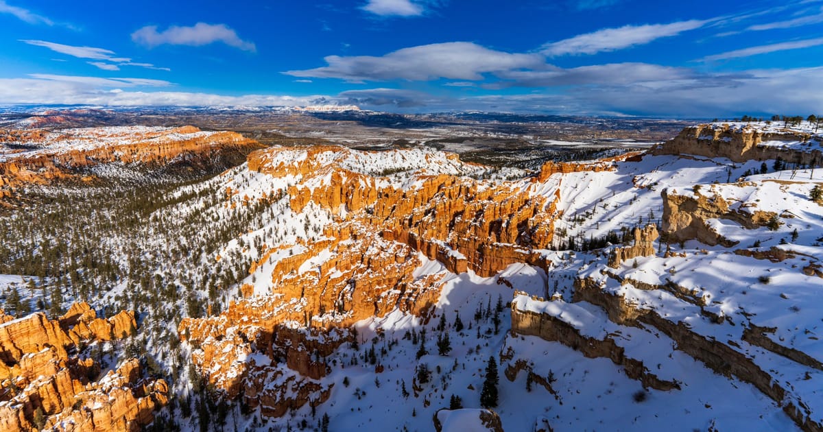 A panoramic view of Bryce Canyon's amphitheater in autumn, with aspens turning gold along the canyon rim and a scattering of warm-colored foliage among the hoodoos. Clear October light reveals the full depth of the formation tiers.