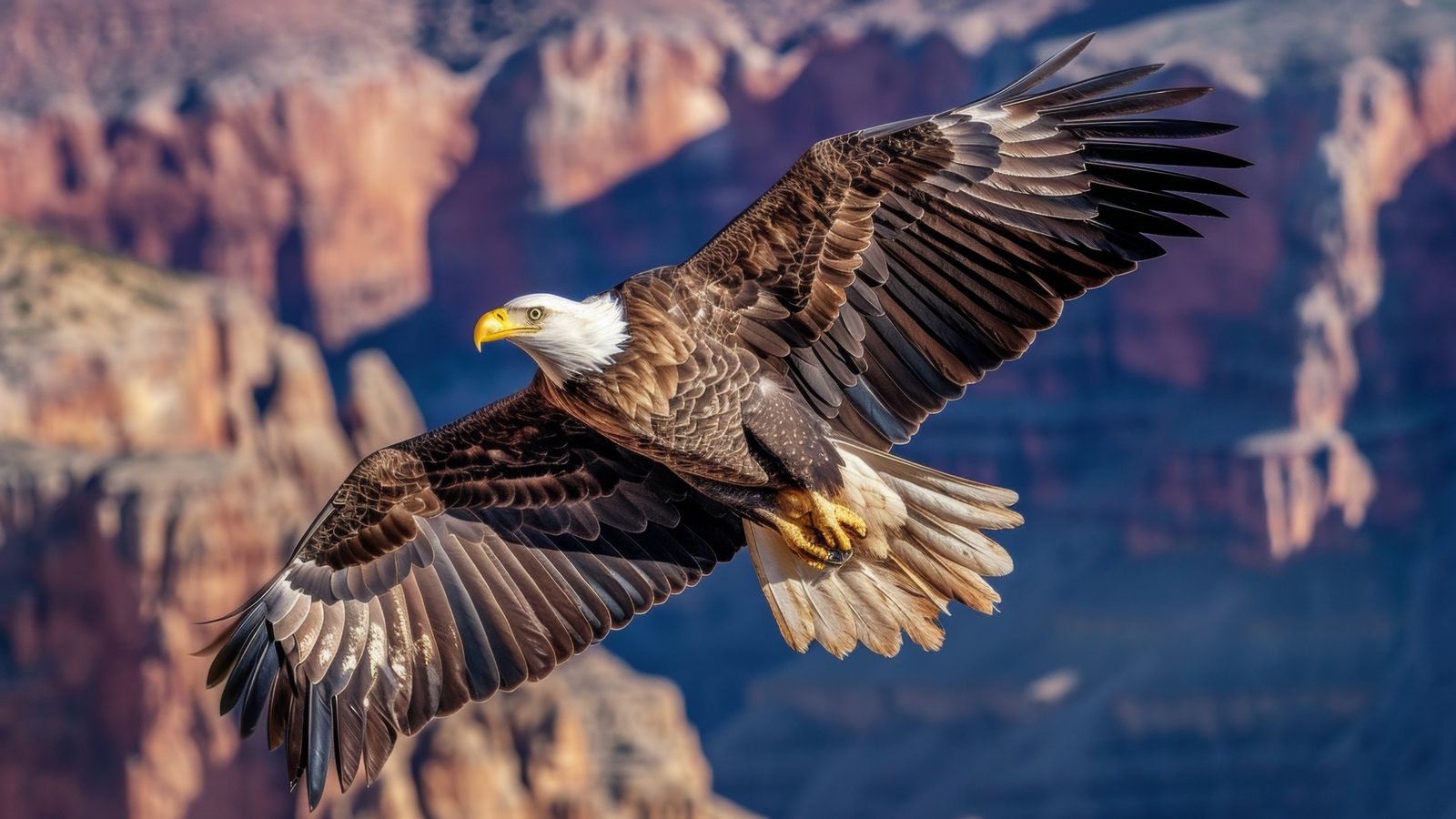 A majestic bald eagle soars with wings fully spread against a backdrop of dramatic red rock canyon cliffs, captured in sharp detail with warm, golden light i…