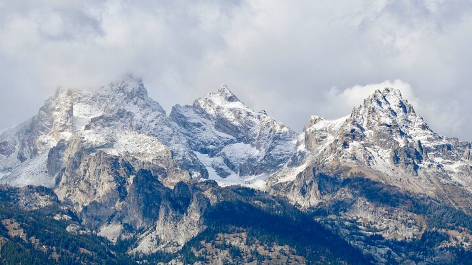 A close telephoto view of the central Teton Range in Grand Teton National Park, showing snow-dusted granite peaks rising sharply above forested lower slopes.