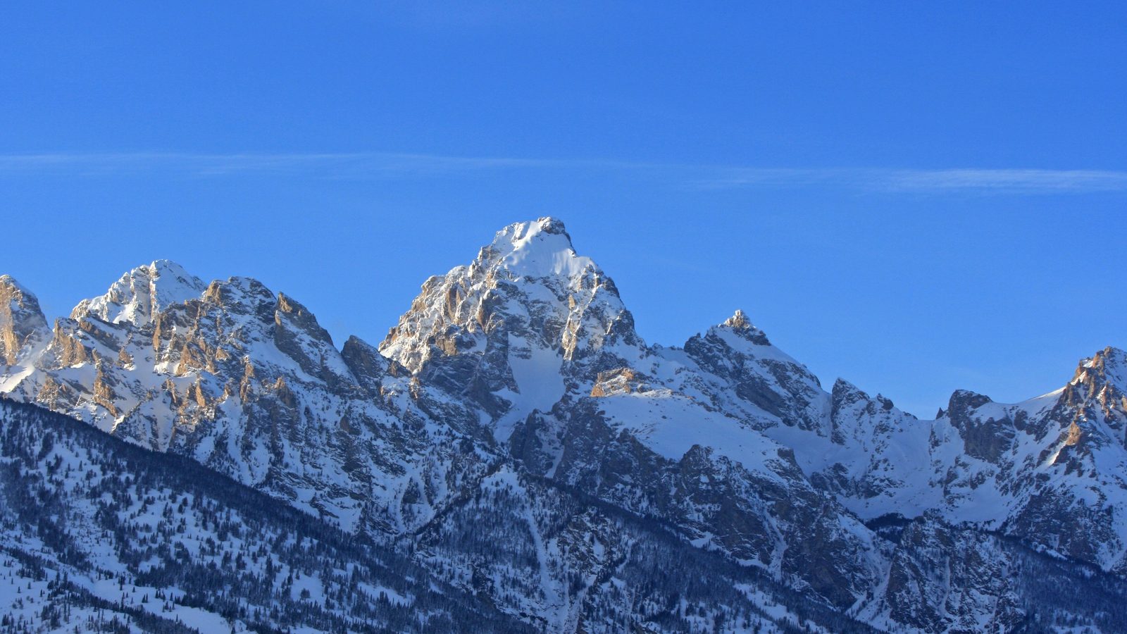 The jagged, snow-covered peaks of the Teton Range rise sharply against a clear deep-blue winter sky, with the Grand Teton as the dominant central summit.