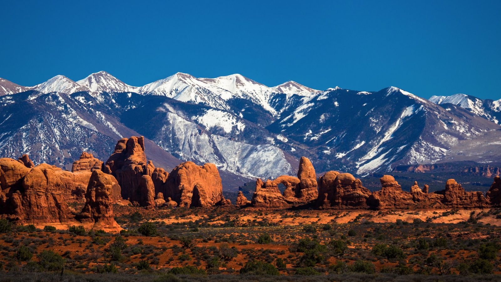 Red sandstone rock formations and arches of Arches National Park rise in the foreground against the snow-capped La Sal Mountains under a deep blue winter sky.