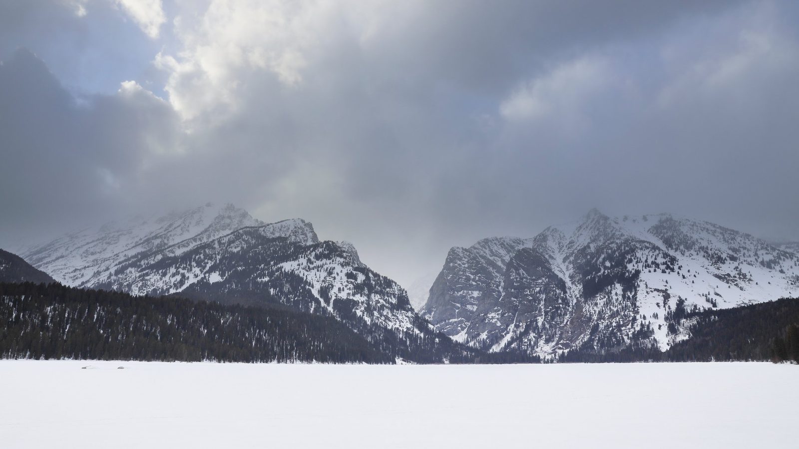 A frozen, snow-covered lake or meadow stretches across the foreground beneath a row of dark evergreen trees, with heavily snow-dusted peaks of the Teton Rang…