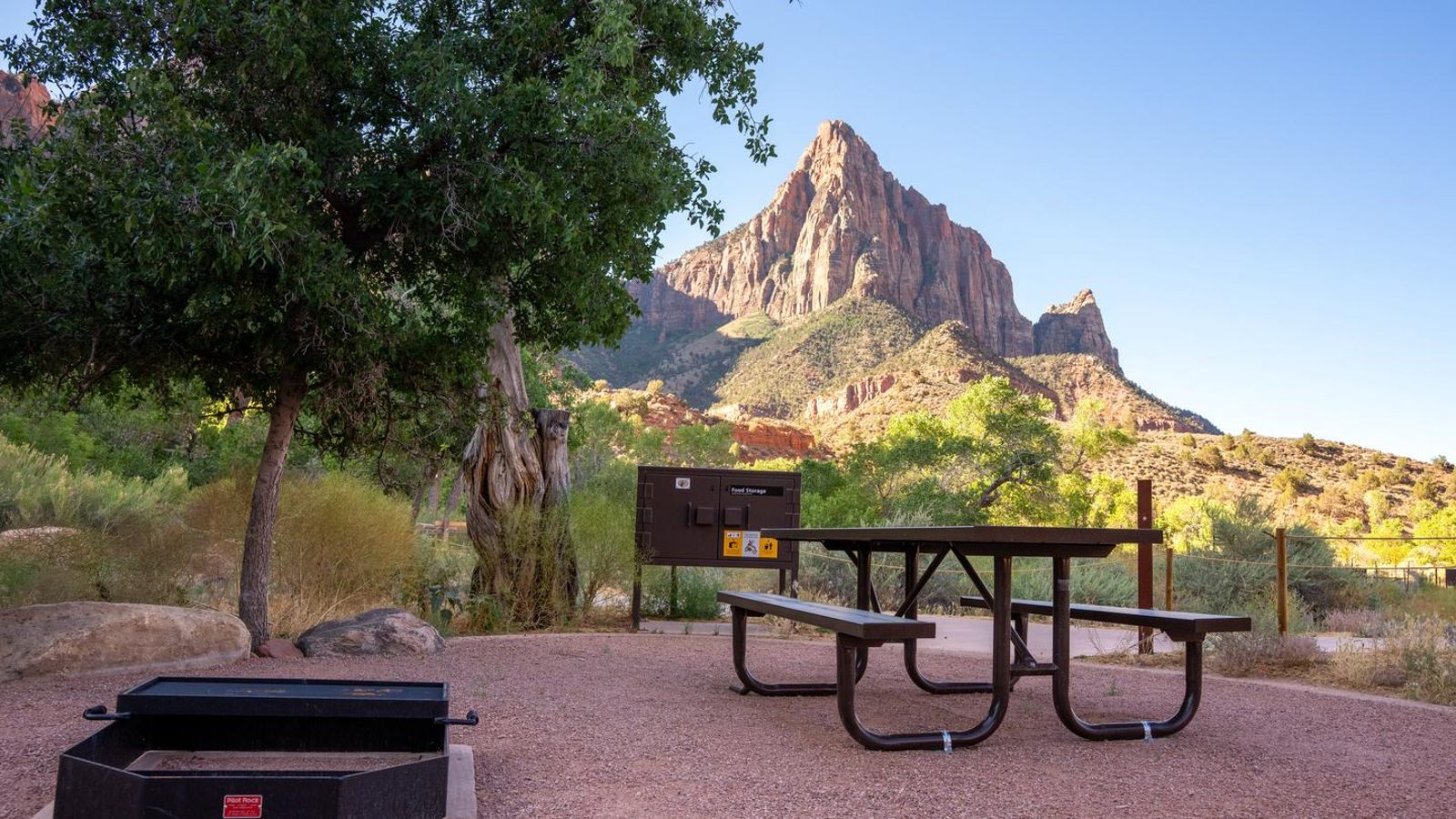 A developed campsite at Zion National Park features a metal picnic table, fire grate, and bear box against a backdrop of the towering Watchman peak rising ab…
