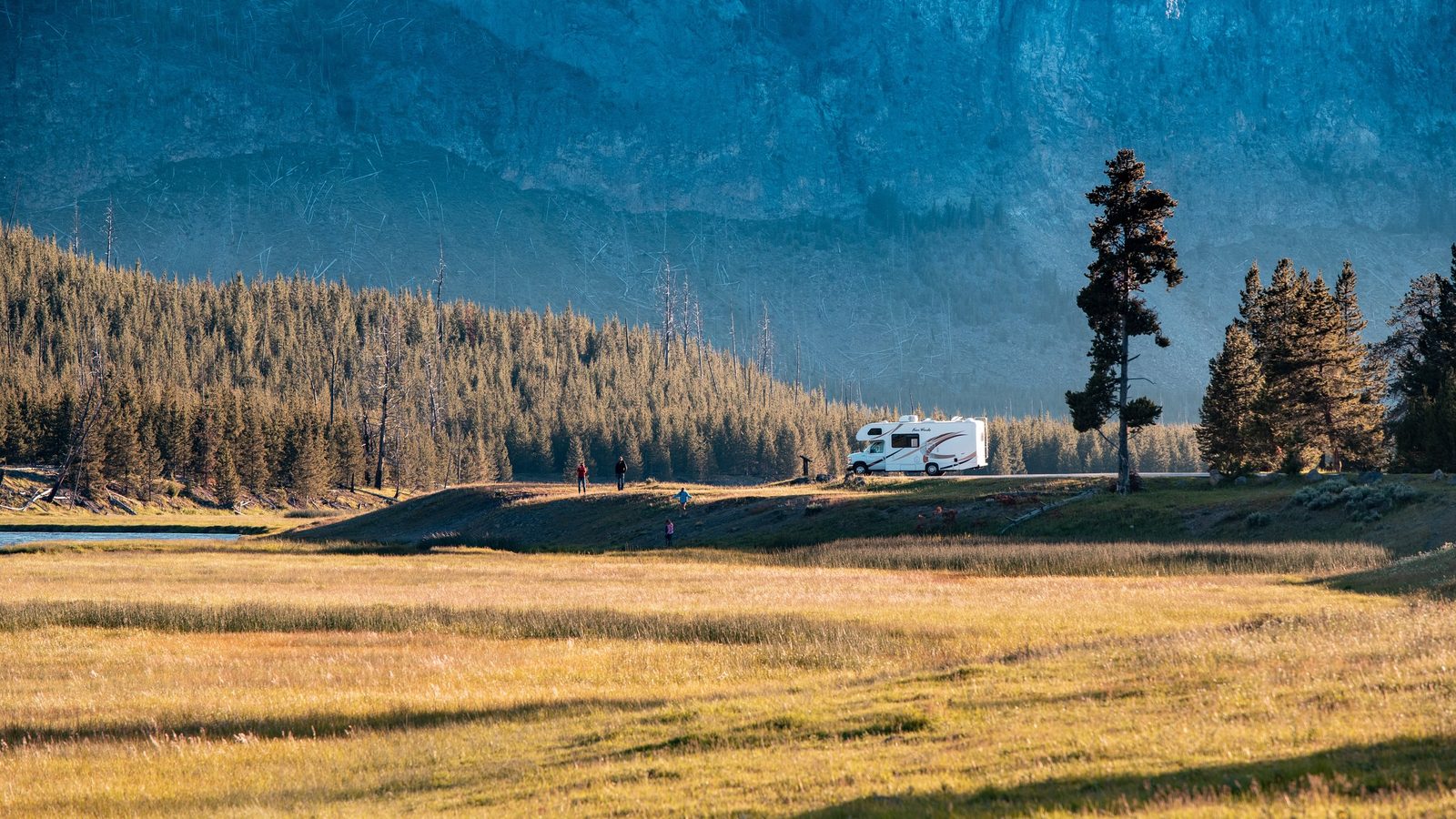 A sweeping mountain valley scene in what appears to be Yellowstone National Park, featuring golden meadows, a dense conifer forest, and dramatic blue-tinted …