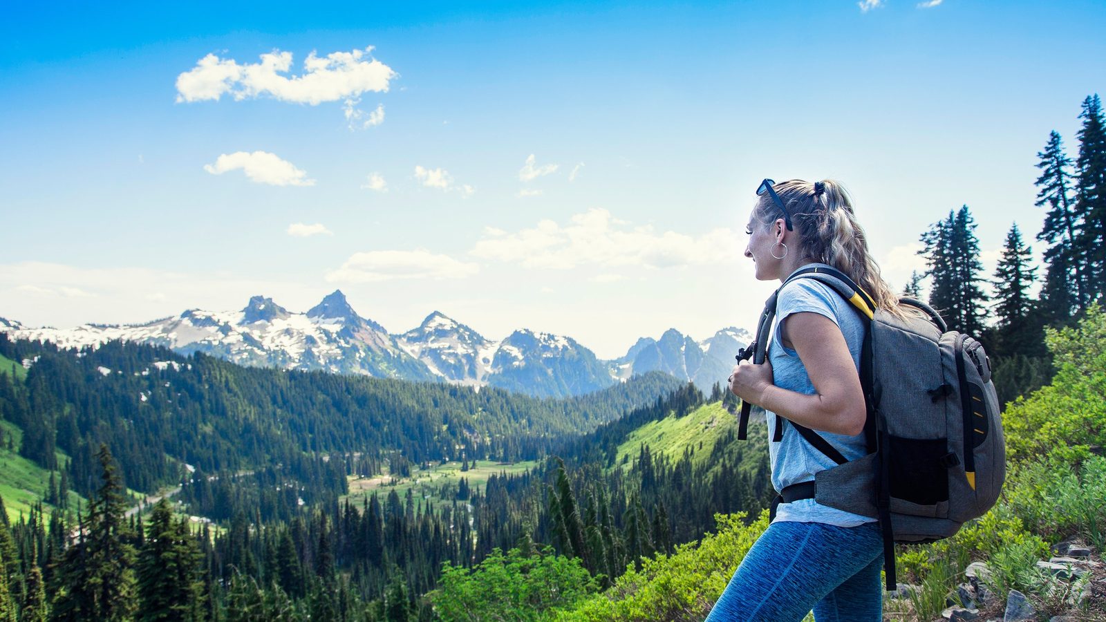 A hiker with a backpack gazes out over a lush alpine valley filled with evergreen forests and snow-capped mountain peaks under a bright blue sky, capturing a…