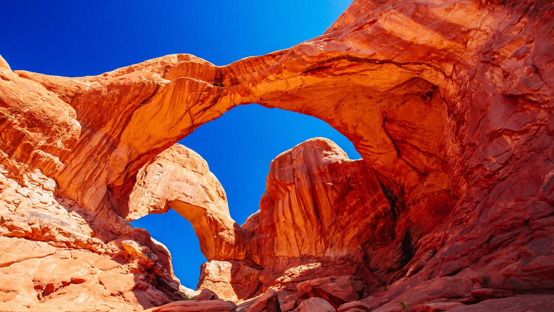 Double Arch at Arches National Park, Utah, at golden hour