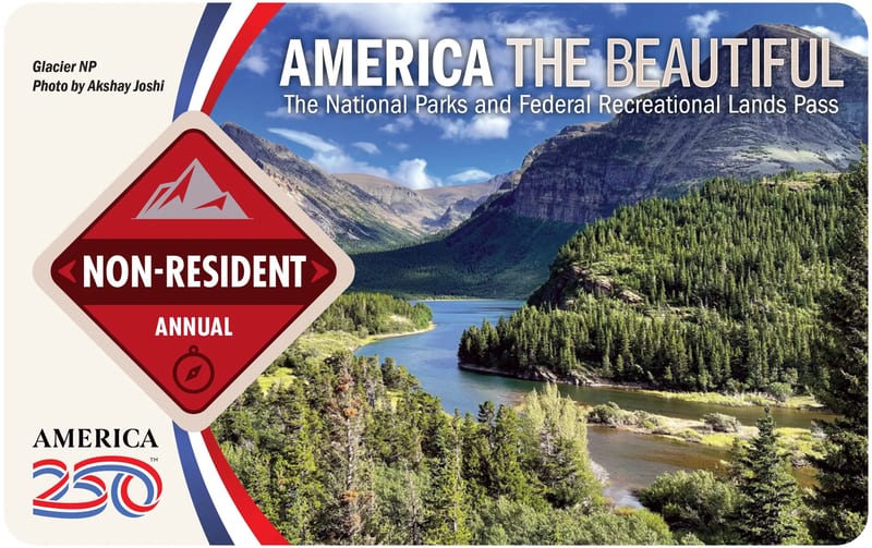 The 2026 America the Beautiful Non-Resident Annual Pass — a horizontal card with a Glacier National Park scene and a NON-RESIDENT ANNUAL badge.