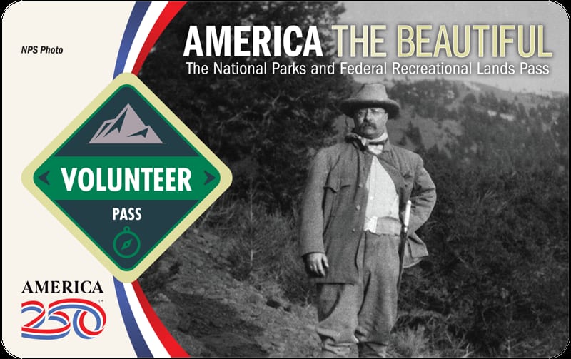 The 2026 Volunteer Pass card — issued free to volunteers who complete 250 hours with a participating federal land agency.
