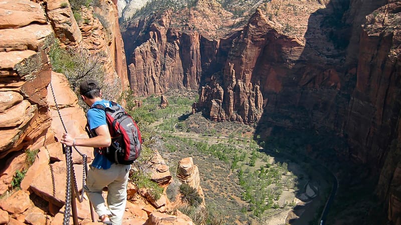 Aerial view of the Angels Landing switchback trail carved into red sandstone cliffs above Zion Canyon