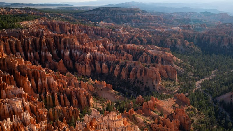 A sweeping aerial view of Bryce Canyon's iconic hoodoo formations, thousands of tall orange and red sandstone spires densely packed across a vast amphitheater.