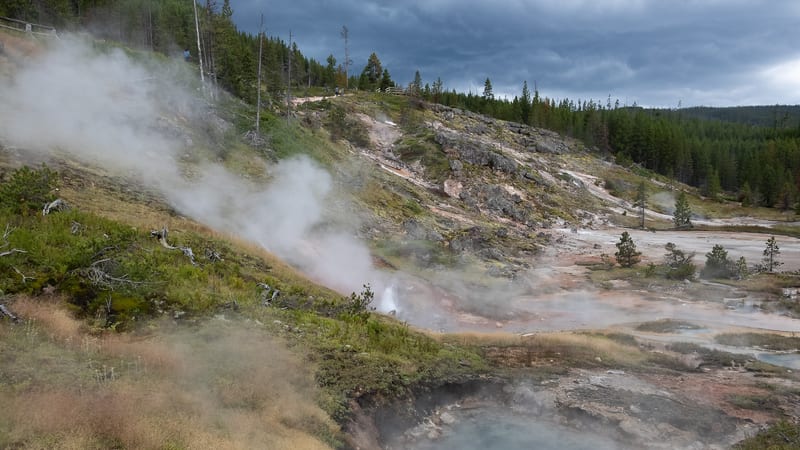 A geothermal basin in Yellowstone National Park shows hot springs, steam vents, and mineral-stained ground on a hillside, under a brooding overcast sky.