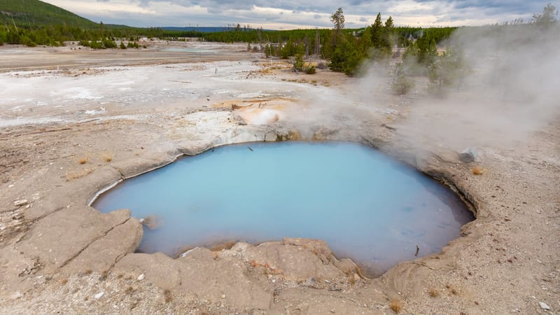 A vivid turquoise hydrothermal hot spring pool set within a pale silica-crusted basin emits billowing steam against an overcast sky.