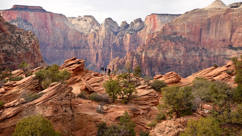 The view from Canyon Overlook across Zion Canyon, with red sandstone cliffs above a winding road