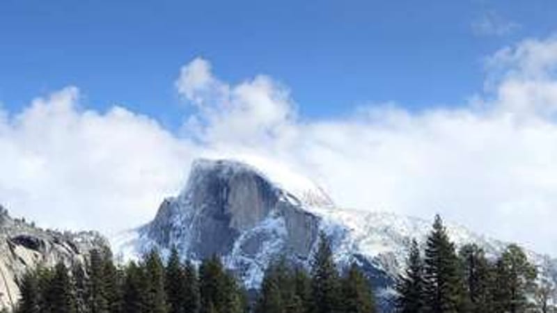Half Dome rises above a dense conifer forest in Yosemite National Park, its granite face dusted with fresh snow under a partly cloudy winter sky.