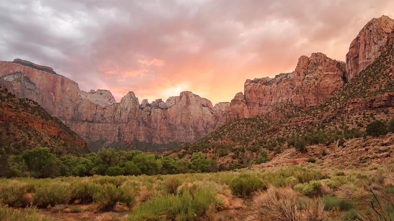 A lone hiker wading the Virgin River between the towering sandstone walls of The Narrows in Zion
