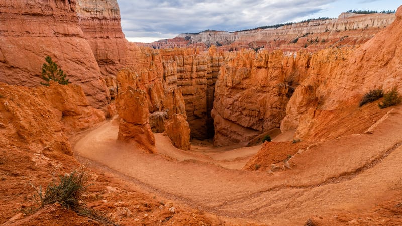 A winding switchback trail descends into a dramatic red sandstone canyon at Bryce Canyon National Park, with towering hoodoos and canyon walls flanking a narrow path.