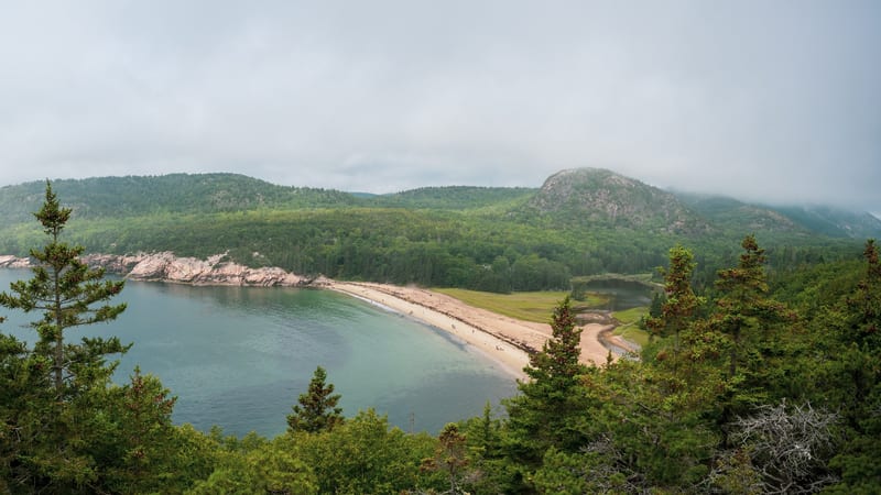 Panoramic view from an elevated overlook of a crescent-shaped sandy beach enclosed by pink granite cliffs, dense conifer forest, and fog-draped hills at Acad…