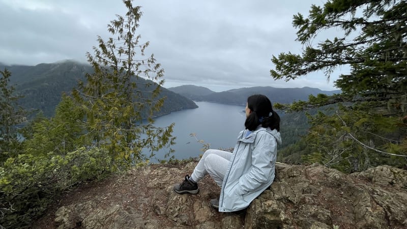 A hiker sits on a rocky overlook above a long, narrow fjord-like lake surrounded by forested mountains under an overcast sky.